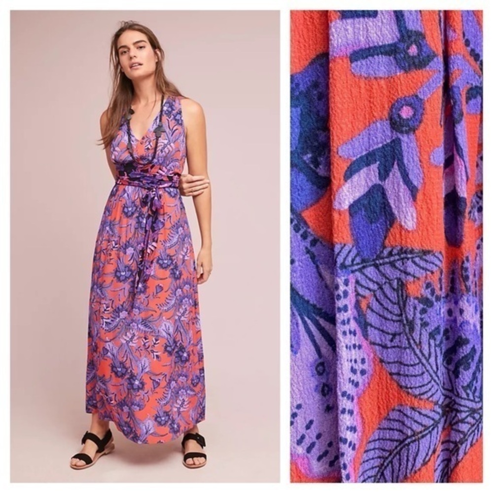 Anthropologie Maeve Red Purple Floral Print Macie Maxi Dress 0